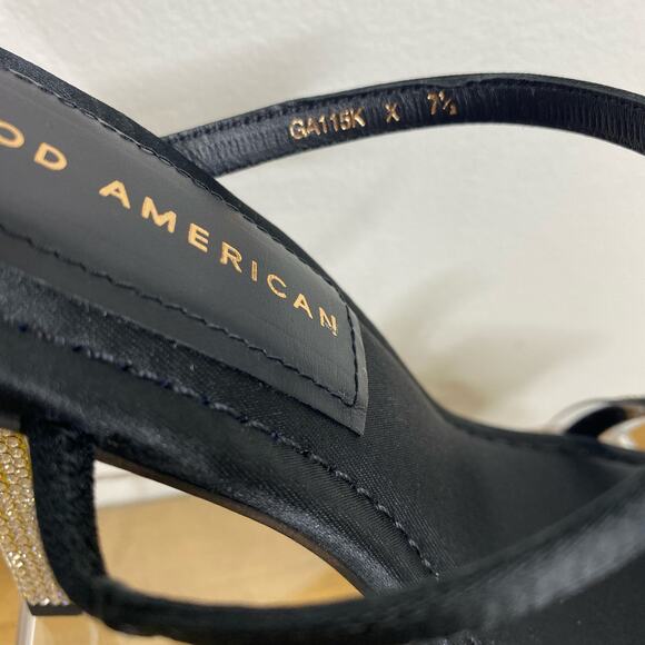 Good American Satin Rhinestone Heels Womens 7.5 Black Gold Square Toe Holidays - Picture 3 of 12